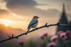 een vogel zit Aan een Afdeling in voorkant van een zonsondergang. ai-gegenereerd foto