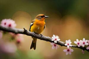 een vogel zit Aan een Afdeling met roze bloemen. ai-gegenereerd foto