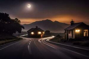een weg met een huis en een maan in de lucht. ai-gegenereerd foto