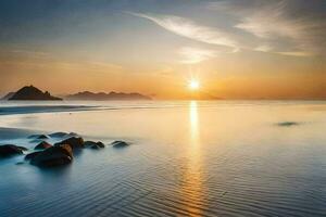 de zon stijgt over- de oceaan en rotsen in de water. ai-gegenereerd foto