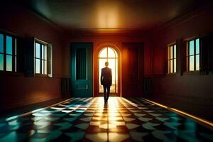 een Mens staand in een leeg kamer met de zon schijnend door de deur. ai-gegenereerd foto