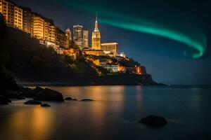 de Aurora lichten schijnen over- de stad en de water. ai-gegenereerd foto