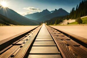 een houten trein bijhouden in de midden- van een veld. ai-gegenereerd foto