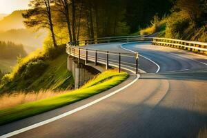 een kronkelend weg met een brug in de afstand. ai-gegenereerd foto