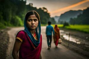 een vrouw in een rood sari wandelingen naar beneden een weg. ai-gegenereerd foto