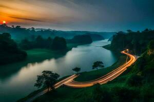 een lang blootstelling fotograaf van een rivier- en weg Bij zonsondergang. ai-gegenereerd foto