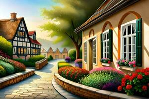 een schilderij van een straat met bloemen en huizen. ai-gegenereerd foto