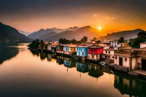 de zon sets over- een meer en huizen in Indië. ai-gegenereerd foto