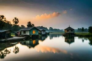 huizen Aan de water Bij zonsopkomst. ai-gegenereerd foto