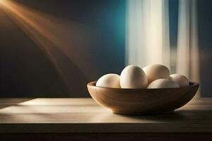 een kom van eieren Aan een tafel. ai-gegenereerd foto