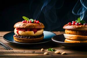 twee hamburgers met kaas en bessen Aan een tafel. ai-gegenereerd foto