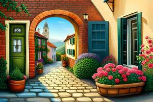 een illustratie van een straat met bloemen en een deur. ai-gegenereerd foto