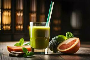 groen smoothie in een glas met fruit en specerijen. ai-gegenereerd foto