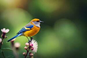 een blauw en geel vogel is zittend Aan een bloem. ai-gegenereerd foto