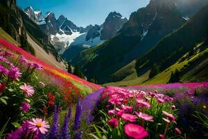 een veld- van bloemen en bergen in de achtergrond. ai-gegenereerd foto