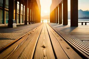 een houten loopbrug Leidt naar de zon. ai-gegenereerd foto