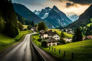 een weg loopt door een groen vallei met bergen in de achtergrond. ai-gegenereerd foto