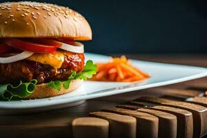 een Hamburger met kaas, tomaten en sla Aan een wit bord. ai-gegenereerd foto