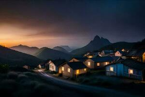 een dorp Bij zonsondergang in de bergen. ai-gegenereerd foto