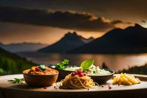de voedsel is geserveerd Aan een houten tafel met een visie van de bergen. ai-gegenereerd foto