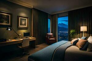 een hotel kamer met een bed, bureau en venster met uitzicht de stad. ai-gegenereerd foto