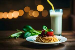 een bord van spaghetti met een aardbei en een glas van melk. ai-gegenereerd foto