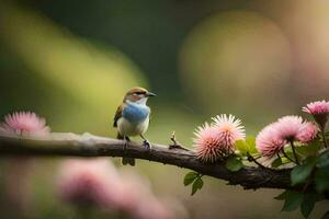 foto behang de vogel, bloemen, lente, de boom, de vogel, lente, de boom. ai-gegenereerd