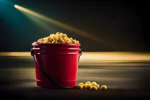 een rood emmer gevulde met popcorn Aan een donker vloer. ai-gegenereerd foto