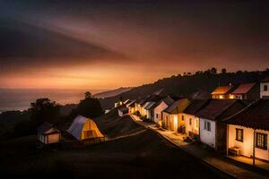 een dorp Bij zonsondergang met huizen Aan de heuvel. ai-gegenereerd foto
