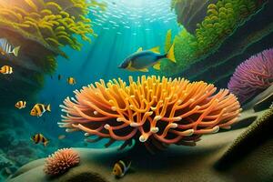 onderwater- tafereel met kleurrijk koralen en vis. ai-gegenereerd foto