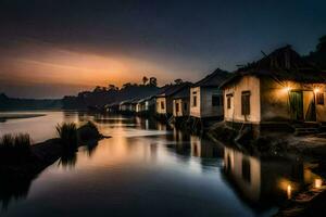 een rivier- Bij zonsondergang met huizen Aan de oever. ai-gegenereerd foto