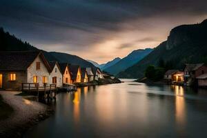 foto behang de lucht, bergen, water, huizen, de donker, de bergen, de meer. ai-gegenereerd