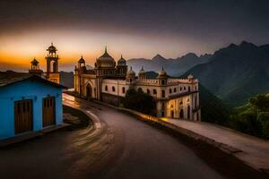 de zonsondergang over- een moskee in de bergen. ai-gegenereerd foto