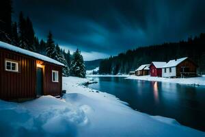 een besneeuwd rivier- en een cabine in de sneeuw. ai-gegenereerd foto