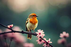 een vogel zit Aan een Afdeling met roze bloemen. ai-gegenereerd foto