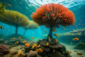 een onderwater- tafereel met koraal bomen en vis. ai-gegenereerd foto