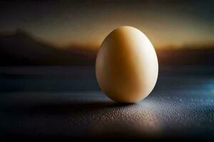 een ei zittend Aan een tafel met een zonsondergang in de achtergrond. ai-gegenereerd foto