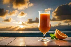 een glas van oranje sap Aan een tafel met de zon instelling achter het. ai-gegenereerd foto