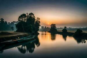 een boot zit Aan de rivier- Bij zonsopkomst. ai-gegenereerd foto