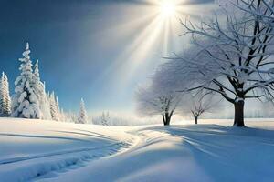 sneeuw gedekt bomen en zon schijnend in de lucht. ai-gegenereerd foto