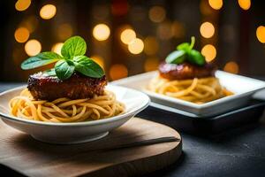 twee borden met spaghetti en vlees Aan hen. ai-gegenereerd foto