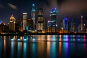 de stad horizon Bij nacht met lichten reflecterend in de water. ai-gegenereerd foto