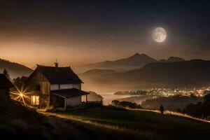 een huis in de bergen met een vol maan. ai-gegenereerd foto