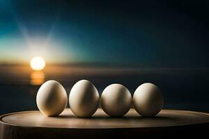 vijf eieren Aan een houten tafel met de zon instelling in de achtergrond. ai-gegenereerd foto