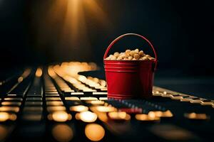 een emmer van popcorn zittend Aan een menging bord. ai-gegenereerd foto