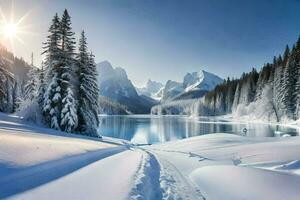 een besneeuwd landschap met een meer en bomen. ai-gegenereerd foto