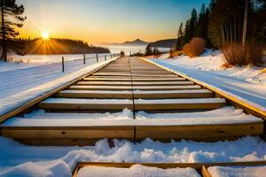 een houten loopbrug in de sneeuw met de zon instelling. ai-gegenereerd foto