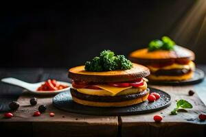 twee hamburgers met kaas en broccoli Aan een zwart bord. ai-gegenereerd foto