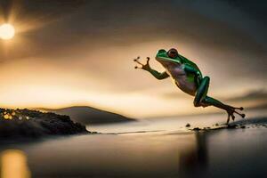 een kikker jumping in de lucht Bij zonsondergang. ai-gegenereerd foto
