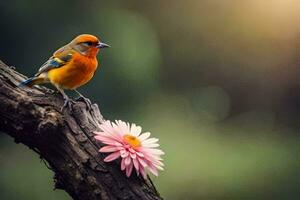 een klein oranje vogel zit Aan een Afdeling met een roze bloem. ai-gegenereerd foto